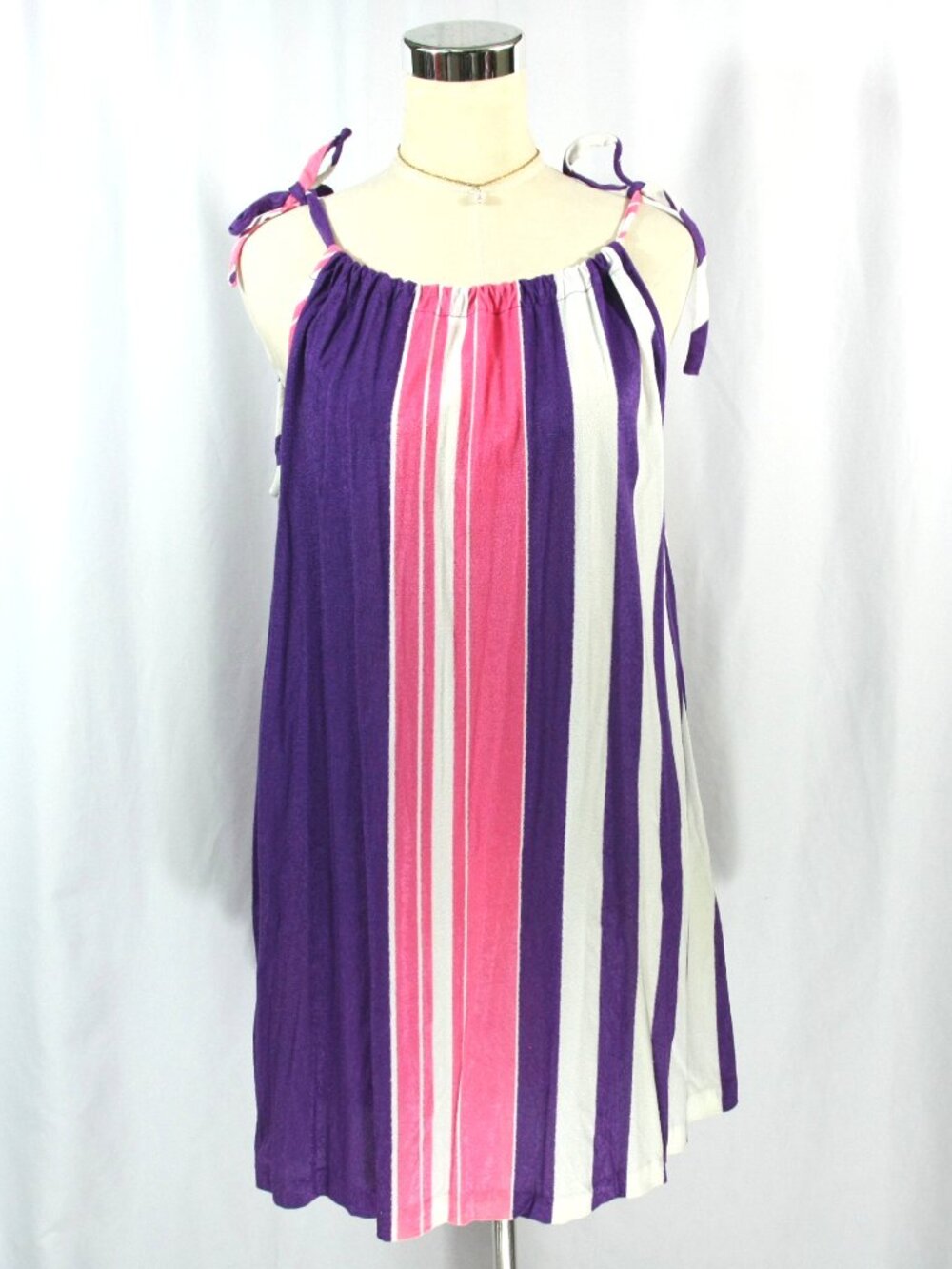 Vintage Striped String Tie Pool Beach Cover Terry Mini Dress Sundress 1970s